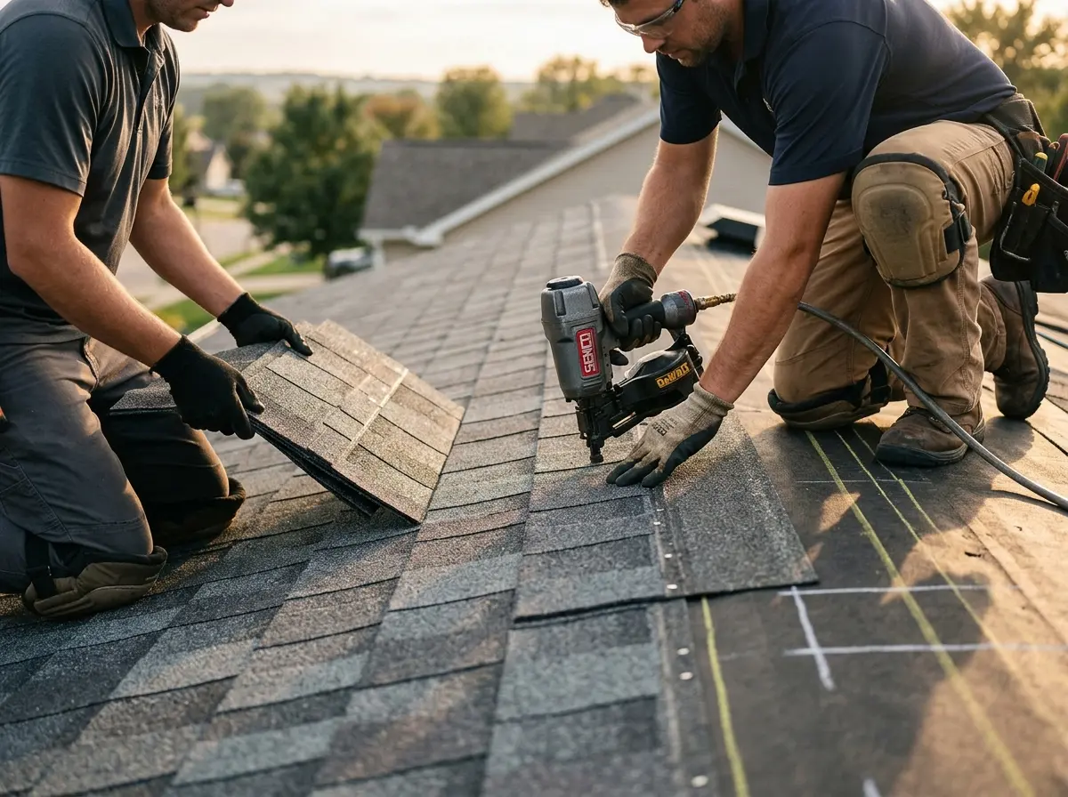 Professional roofer working on a residential roof in Two Rivers